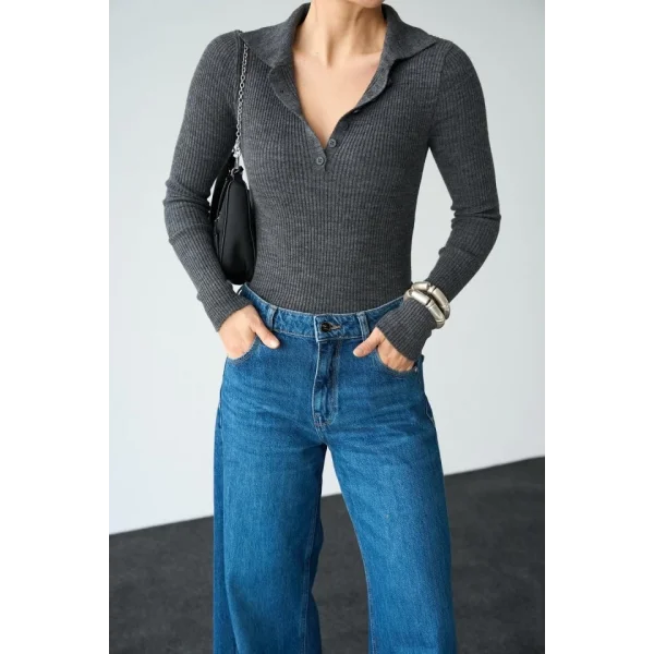 Polo Yaka 6 Düğmeli Kazak  Antrasit