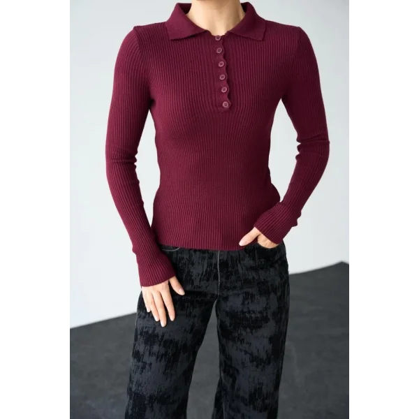 Polo Yaka 6 Düğmeli Kazak  Bordo