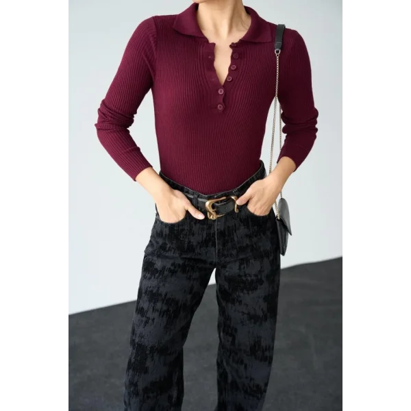 Polo Yaka 6 Düğmeli Kazak  Bordo