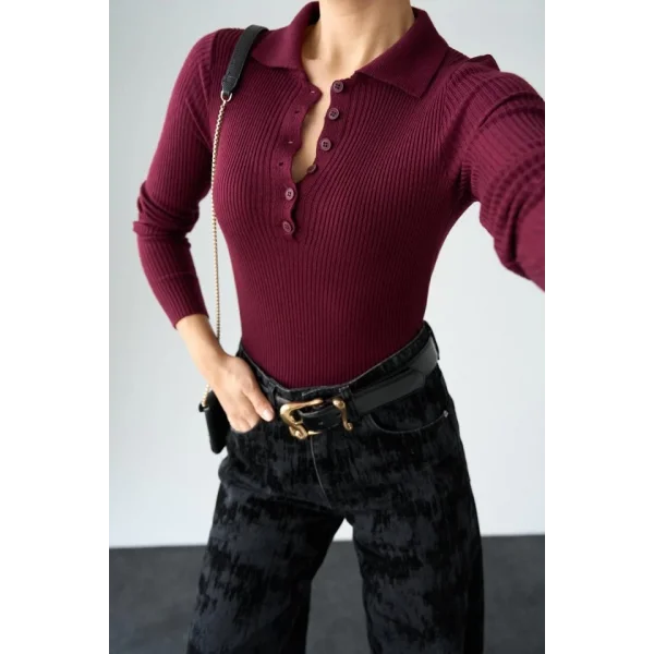 Polo Yaka 6 Düğmeli Kazak  Bordo