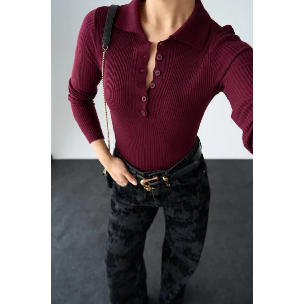 Polo Yaka 6 Düğmeli Kazak  Bordo