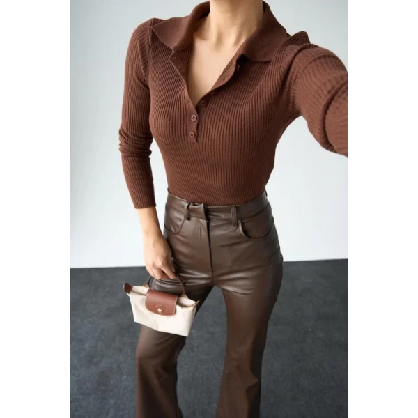 Polo Yaka 6 Düğmeli Kazak  KAHVE