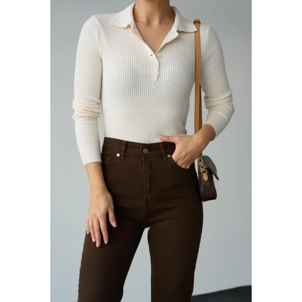 Polo Yaka 6 Düğmeli Kazak  Krem