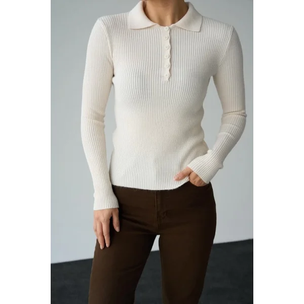 Polo Yaka 6 Düğmeli Kazak  Krem