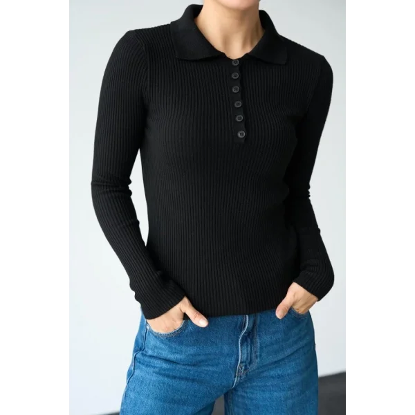 Polo Yaka 6 Düğmeli Kazak  Siyah