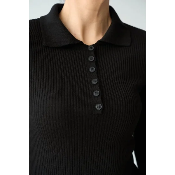 Polo Yaka 6 Düğmeli Kazak  Siyah