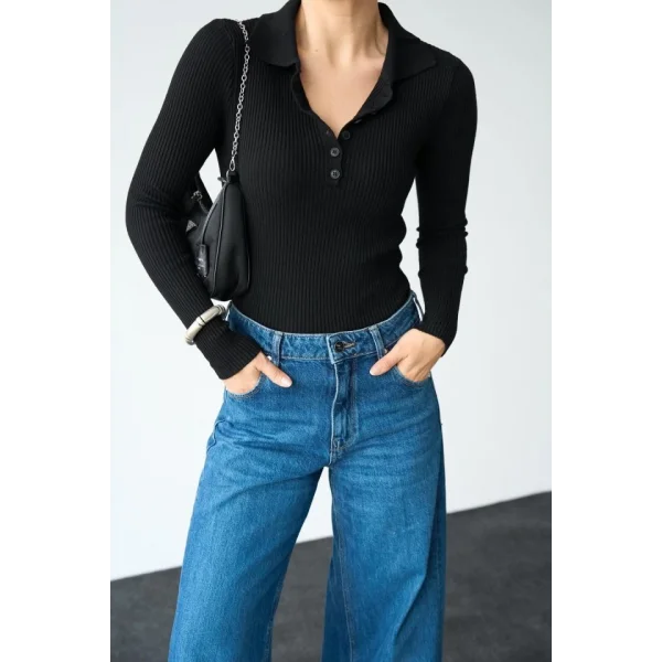 Polo Yaka 6 Düğmeli Kazak  Siyah