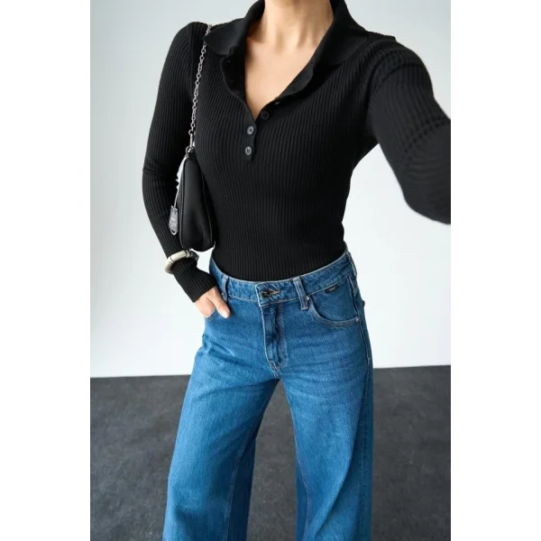 Polo Yaka 6 Düğmeli Kazak  Siyah