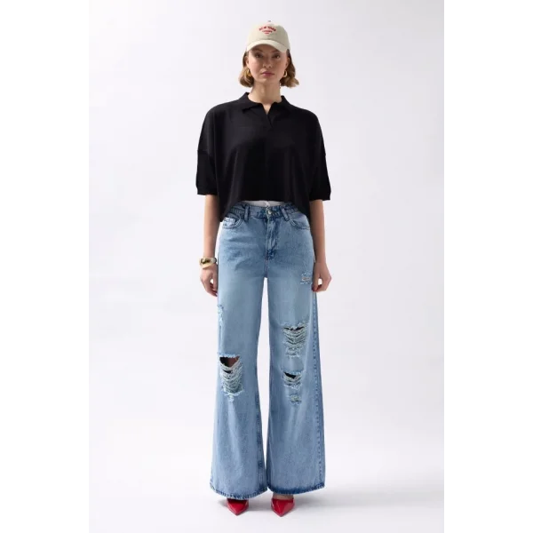 Polo Yaka Crop Dokulu Bluz