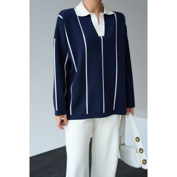 Polo Yaka Dik Çizgili Kazak  LacivertKemik