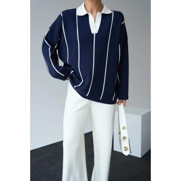 Polo Yaka Dik Çizgili Kazak  LacivertKemik