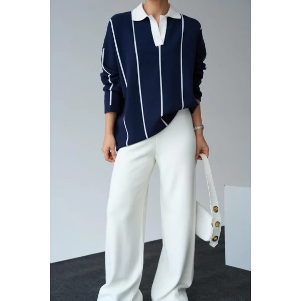 Polo Yaka Dik Çizgili Kazak  LacivertKemik