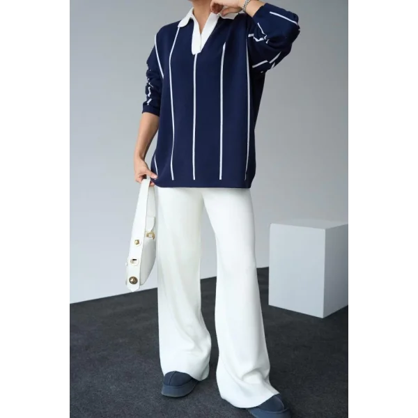 Polo Yaka Dik Çizgili Kazak  LacivertKemik