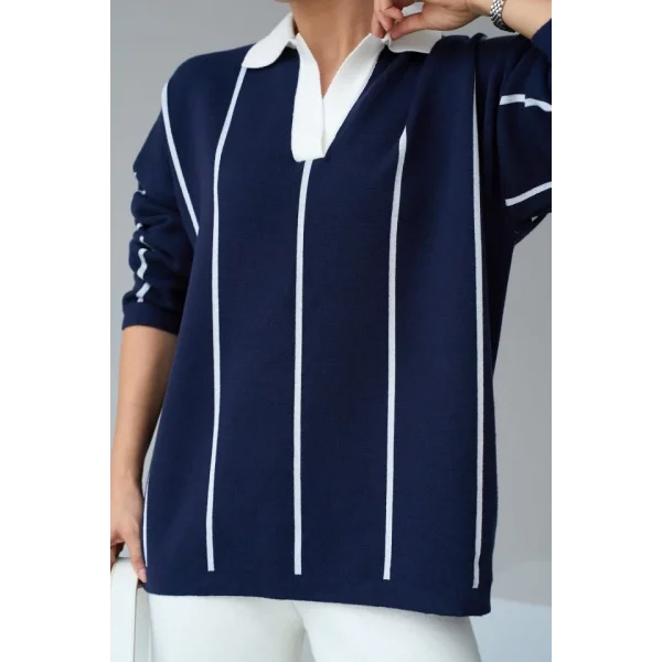 Polo Yaka Dik Çizgili Kazak  LacivertKemik