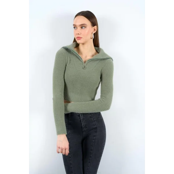 Polo Yaka Fermuarlı Crop Kazak  Haki