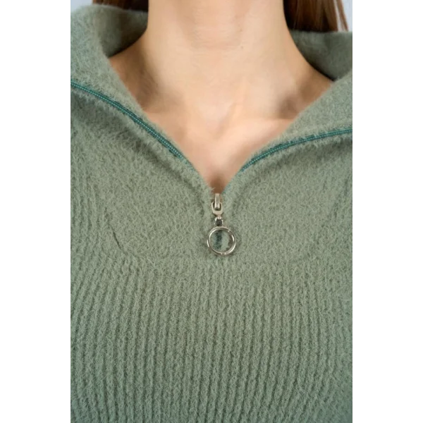 Polo Yaka Fermuarlı Crop Kazak  Haki