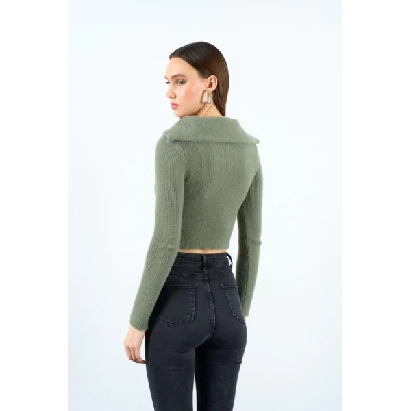 Polo Yaka Fermuarlı Crop Kazak  Haki