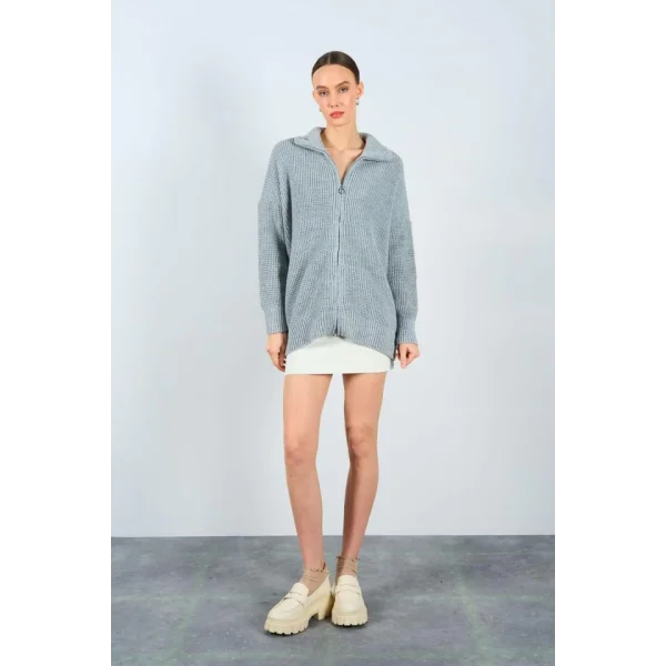 Polo Yaka Fermuarlı Hırka  GriKrem