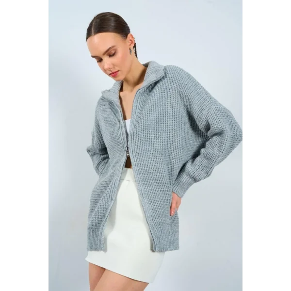 Polo Yaka Fermuarlı Hırka  GriKrem