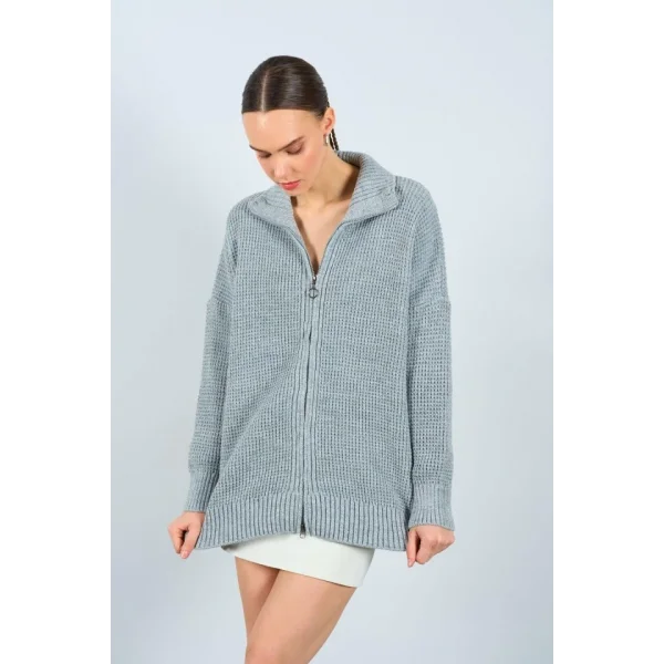 Polo Yaka Fermuarlı Hırka  GriKrem