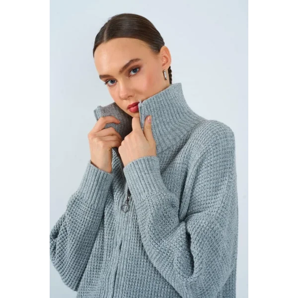 Polo Yaka Fermuarlı Hırka  GriKrem