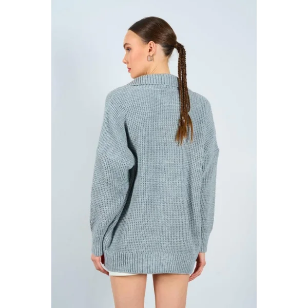 Polo Yaka Fermuarlı Hırka  GriKrem