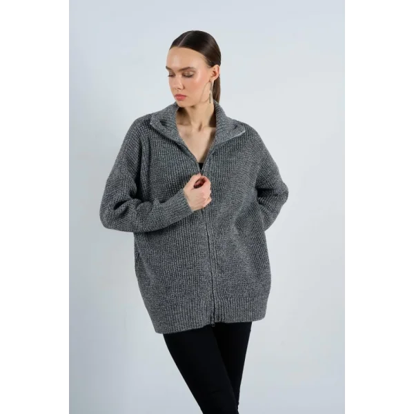 Polo Yaka Fermuarlı Hırka  SiyahKrem