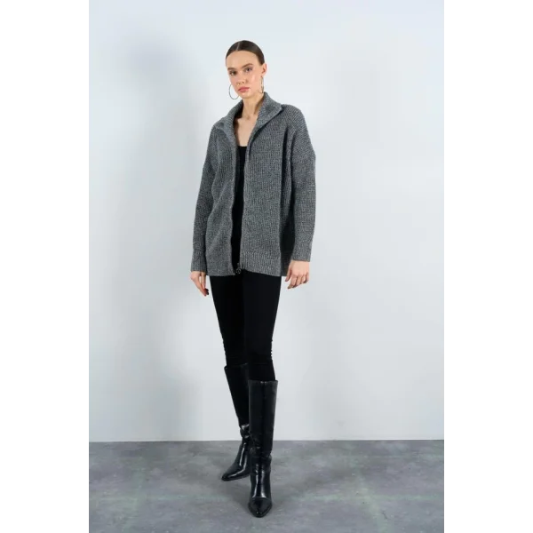 Polo Yaka Fermuarlı Hırka  SiyahKrem