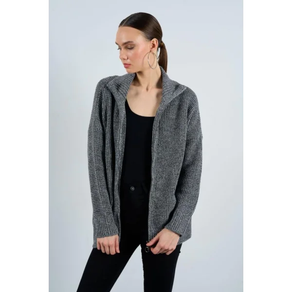 Polo Yaka Fermuarlı Hırka  SiyahKrem