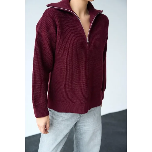 Polo Yaka Fermuarlı Kazak  Bordo