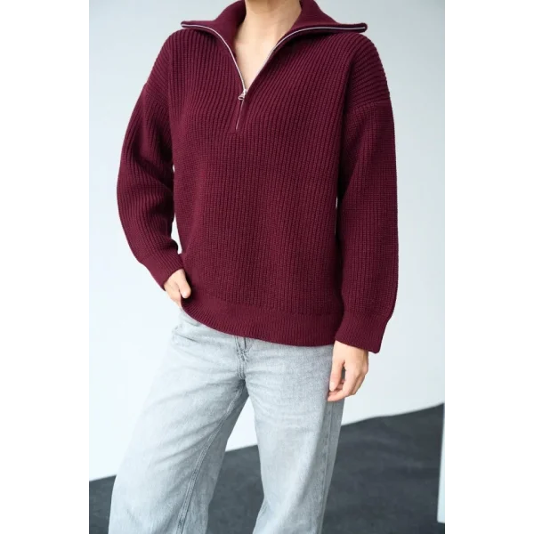 Polo Yaka Fermuarlı Kazak  Bordo