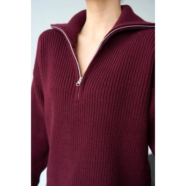 Polo Yaka Fermuarlı Kazak  Bordo