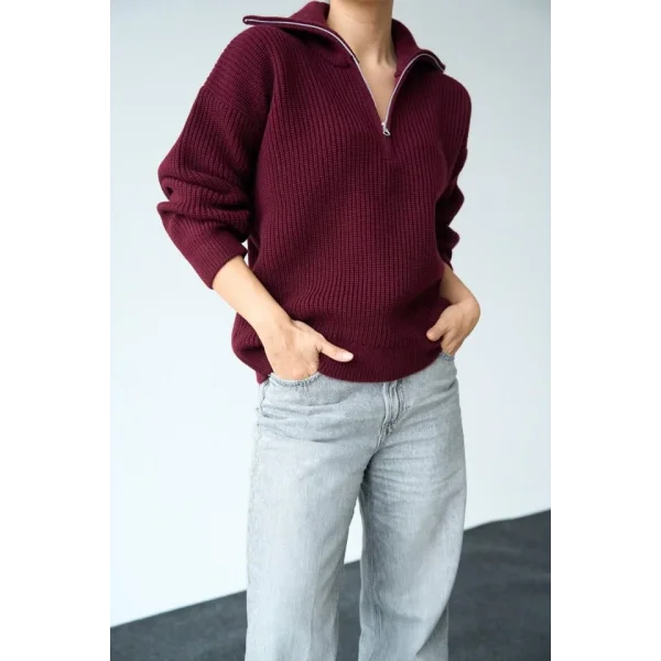 Polo Yaka Fermuarlı Kazak  Bordo