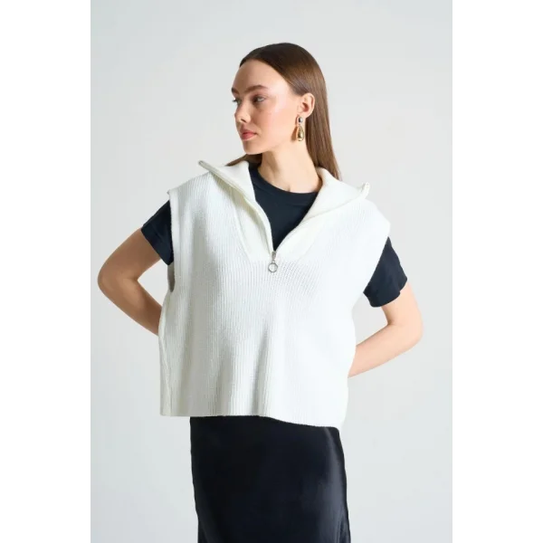 Polo Yaka Fermuarlı Süveter - Ekru