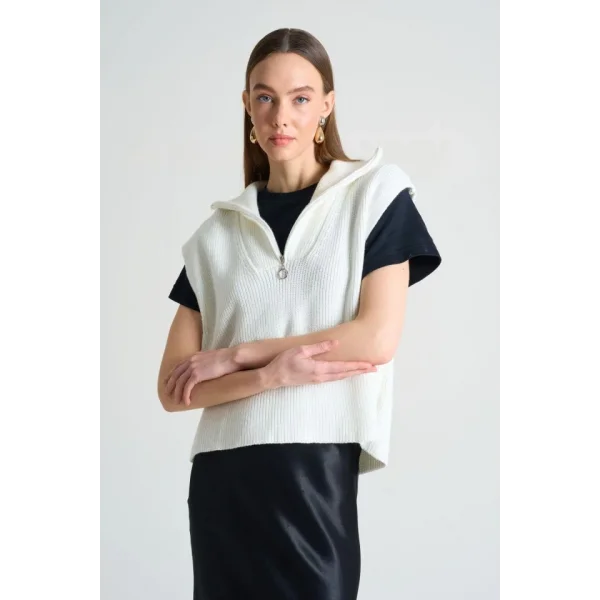Polo Yaka Fermuarlı Süveter - Ekru
