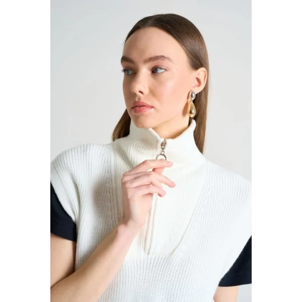 Polo Yaka Fermuarlı Süveter - Ekru