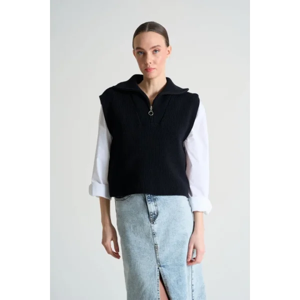 Polo Yaka Fermuarlı Süveter - Siyah