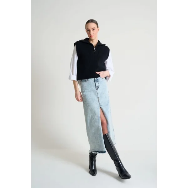 Polo Yaka Fermuarlı Süveter - Siyah