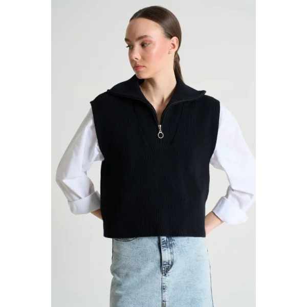 Polo Yaka Fermuarlı Süveter - Siyah