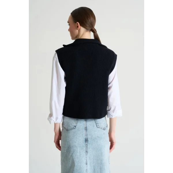 Polo Yaka Fermuarlı Süveter - Siyah