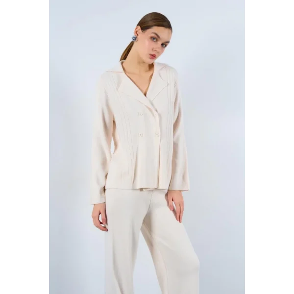 Polo Yakası Katlamalı Takım  Krem