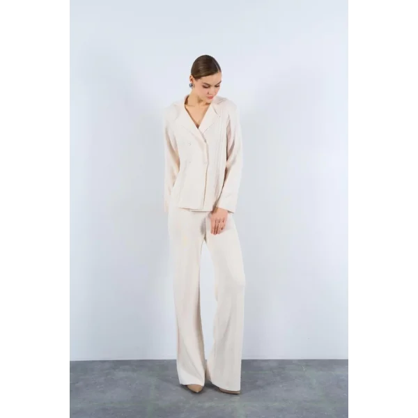 Polo Yakası Katlamalı Takım  Krem