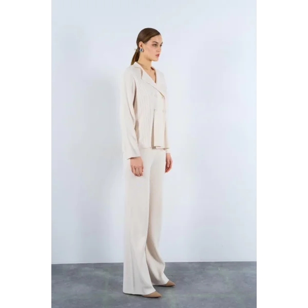 Polo Yakası Katlamalı Takım  Krem