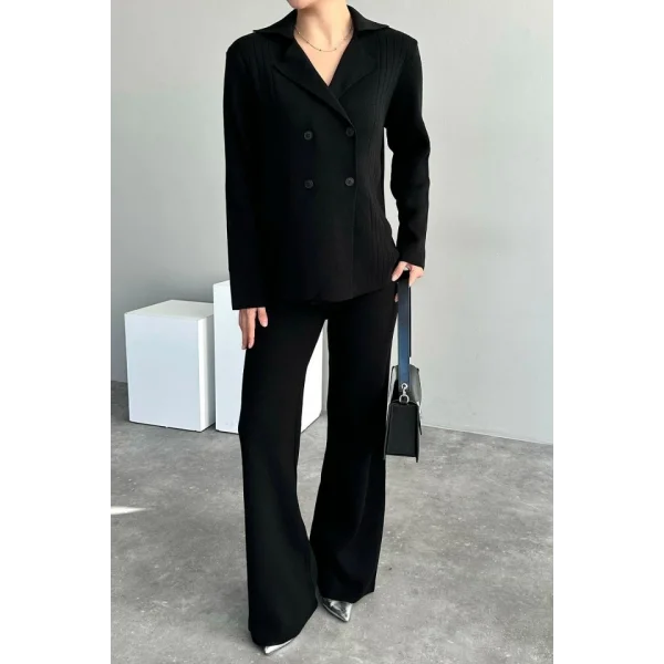 Polo Yakası Katlamalı Takım  Siyah