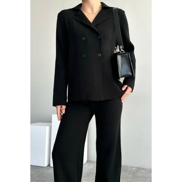 Polo Yakası Katlamalı Takım  Siyah