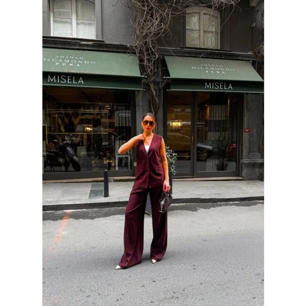 Poly Viscose Arkasi Düğme Ve Kemer Detayli Yelek Pantolon Takim