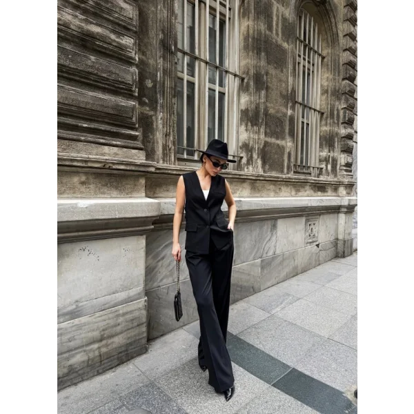 Poly Viscose Arkasi Düğme Ve Kemer Detayli Yelek Pantolon Takim