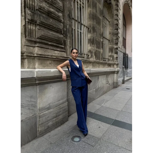 Poly Viscose Arkasi Düğme Ve Kemer Detayli Yelek Pantolon Takim