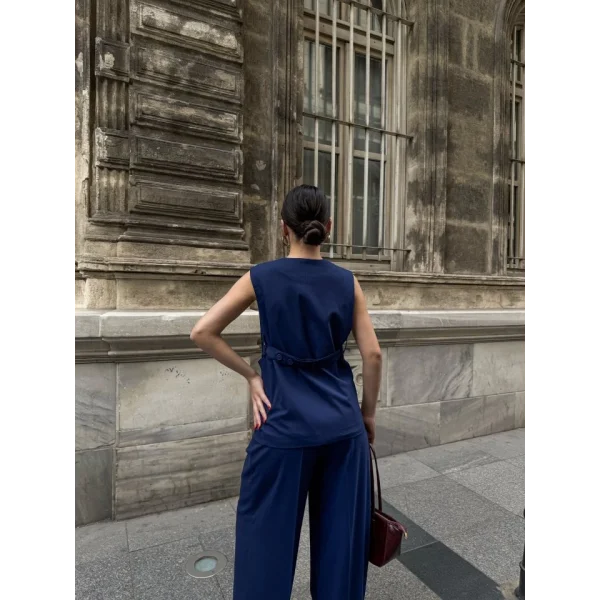 Poly Viscose Arkasi Düğme Ve Kemer Detayli Yelek Pantolon Takim