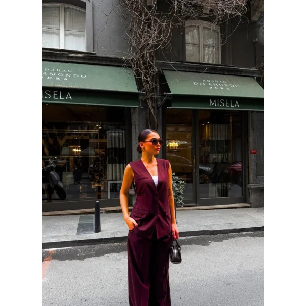 Poly Viscose Arkasi Düğme Ve Kemer Detayli Yelek Pantolon Takim